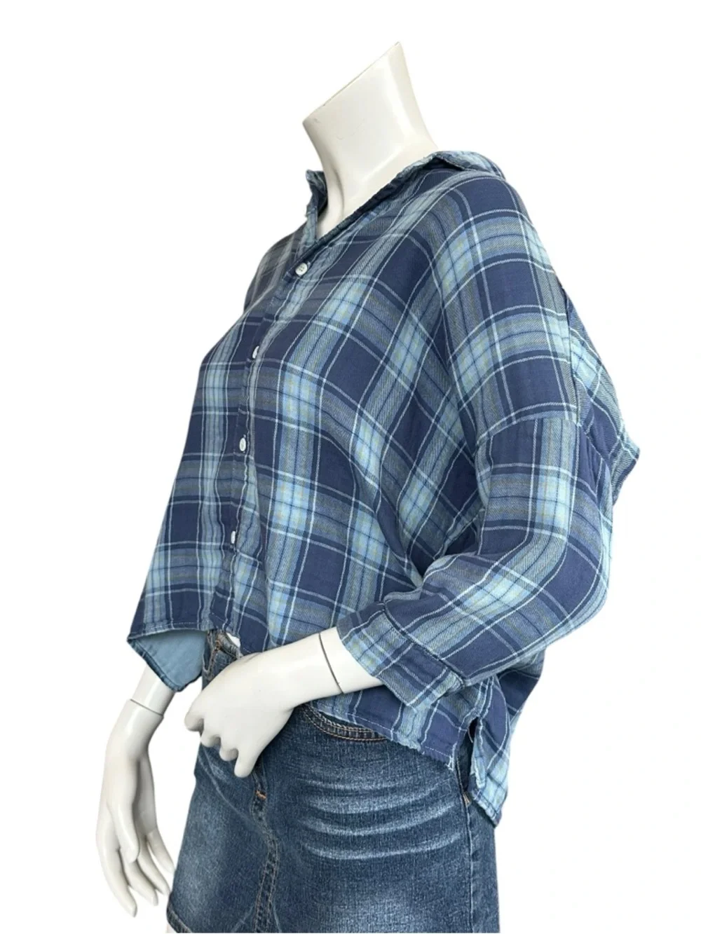 CP Shades Blue Yellow Plaid Cropped Boxy Drop Shoulder Cotton Button Down Top S - Picture 6 of 8